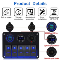 Panel Saklar Rocker 5 Tombol Boman BM-Switch DC 12V USB QC 3.0 Tipe-C Voltmeter LED Biru untuk Mobil Kapal Laut RV Truk