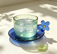 Set Cangkir Kaca Hijau Gradasi WUSO 200ml dan Piring Biru dengan Gagang Bunga 3D, Mug Tahan Panas untuk Teh Kopi