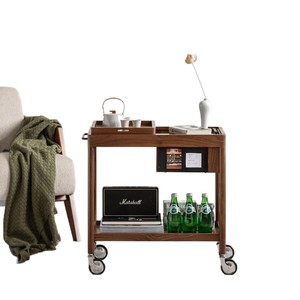 Walnut Wood Movable Double Layer Coffee <b>Table</b> Storage Cart Living Room <b>Side</b> <b>Table</b> With Wheels - Product Image 2