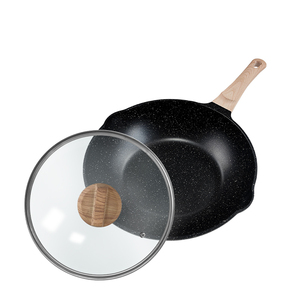 Poêle à frire profonde en aluminium antiadhésive, grande capacité, avec bec verseur, compatible gaz et induction, couvercle en verre, poignée en bakélite - Product Image 1