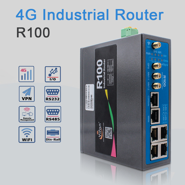 R100 Industrial M2M Cellular SIM Router 3G/4G Wi-Fi 300Mbps LAN Data Rate WAN Port 2.4GHz GPS Wired WEP VPN Enterprise QoS