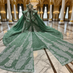 Vestido Verde de Quinceañera para Fiesta de 15 Años con Flores, Lentejuelas y Encaje, Modelo JXS03 - Product Image 4
