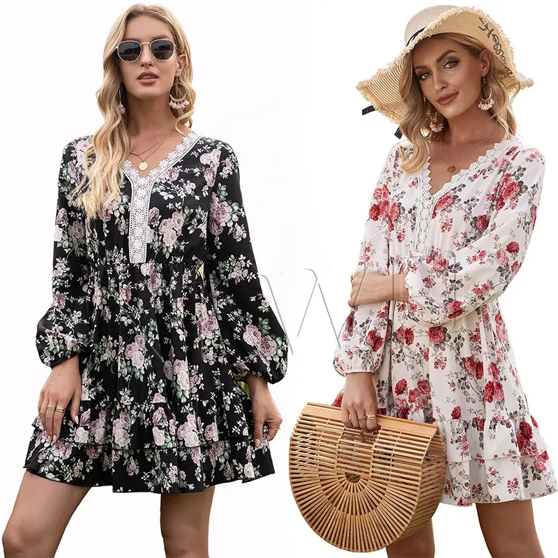Fall/winter Hot Sale New Women French Floral Dress Boho Fashion Lace V-neck Print Fashion Casual Party Dress For Girls