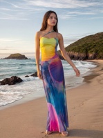 Robe longue moulante à col halter, motif arc-en-ciel, style bohème tendance Y2K, petite série 100 pièces MOQ, haute élasticité, pour soirée et club