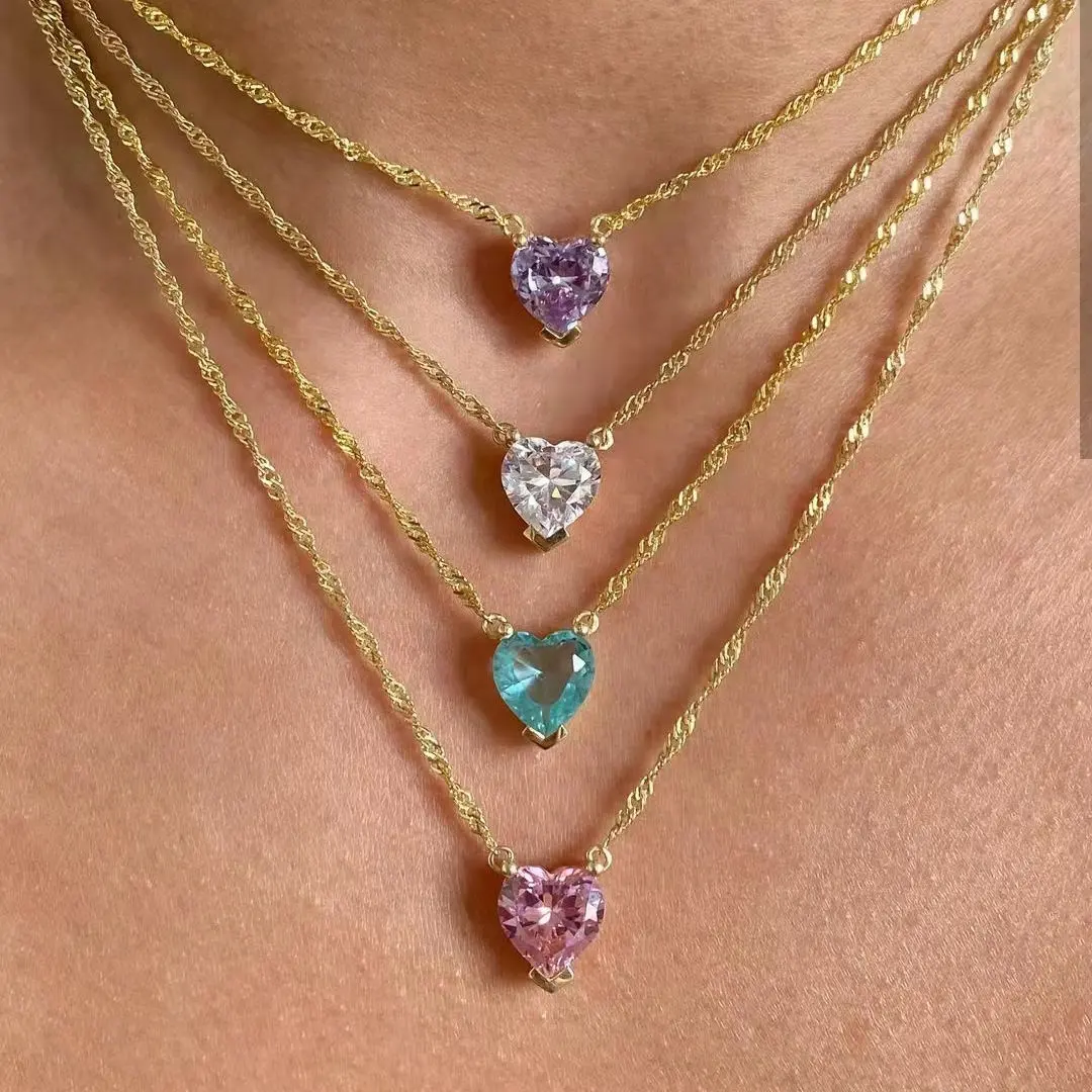 Cubic Zircon Heart Necklace Stainless Steel Jewelry 18k Gold Shiny Purple Green Pink White CZ Stone Diamond Pendant Necklace