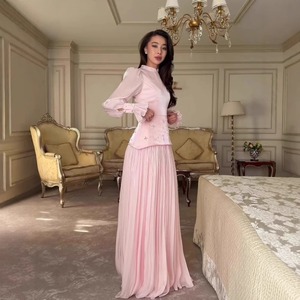 Nuovo Abito Lungo da Sera Rosa Elegante con Perline in Vita e Pieghe, Stile <span class=keywords><strong>Palazzo</strong></span> Francese, Maniche a Lanterna, Collezione Primavera 2026 - Vendita all'Ingrosso - Product Image 2