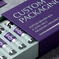 Boîte rigide personnalisée en carton gris avec tiroir pour flacons de peptides, avec doublure en éponge, impression offset et sérigraphie, fabrication artisanale, soins personnels
