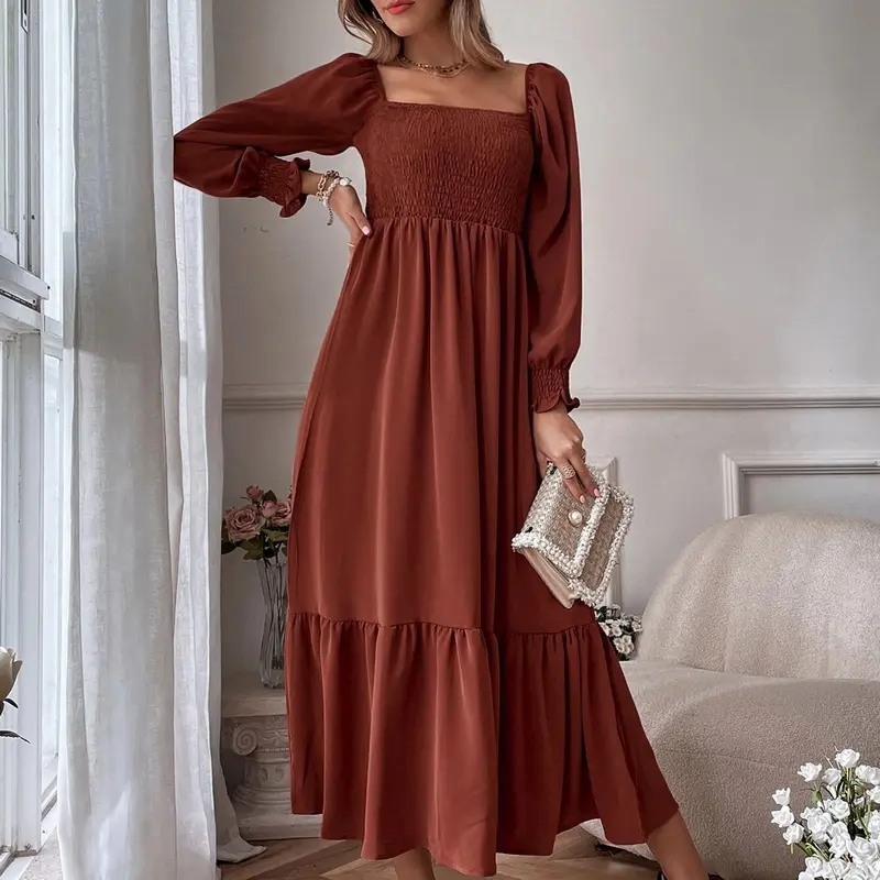 2022 Women's Spring And Summer Dresses Long Sleeves Square Neck Wrap Chest Dress Long Dress Silky Fabric Lotus Leaf Skirt