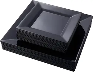 Prato de sobremesa preto de 6,5 polegadas 9.5 Conjunto de jantar quadrado descartável utensílios de mesa para festas