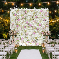 Dinding Bunga Buatan 3D dengan Panel Mawar Sutra dan Hydrangea, Latar Belakang Bunga Pernikahan Realistis untuk Dekorasi Pesta