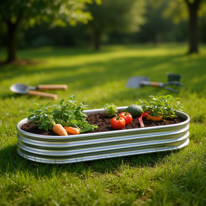 Lit de jardin surélevé DB extérieur, grand jardinière ovale en métal pour plantes, légumes et fleurs-Argent - Product Image 2