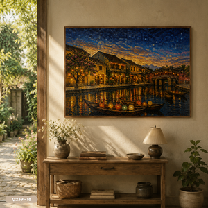 Peinture à l'huile artisanale vietnamienne Hoi An, paysage nocturne, Festival des lanternes, art mural sur toile, service OEM ODM, modèle Q239-18 - Product Image 3