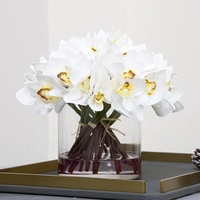 Bouquet d'orchidées Cymbidium artificielles en tissu de soie réaliste avec vase en verre pour décoration de mariage, vente en gros