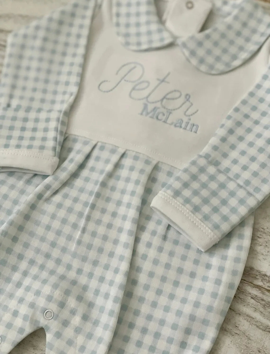 Groothandel Gepersonaliseerde Baby Boy Outfit Kraag Gingham Blauwe En Witte Romper Coming Home Baby Bubble Romper