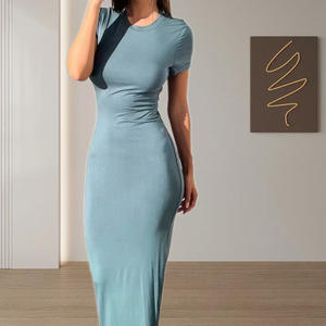 <span class=keywords><strong>Robe</strong></span> <span class=keywords><strong>moulante</strong></span> mi-<span class=keywords><strong>longue</strong></span> pour femme, couleur unie, manches courtes, élégante, printemps-été - Product Image 2