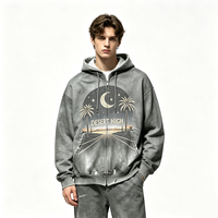 Sweat à capuche zippé gris clair délavé effet minéral, imprimé Kornit DTG motif Désert, Palmier, Croissant, Route, éclaboussures de peinture, style vintage streetwear