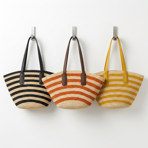 Bolso Tote de Rafia Hecho a Mano en Madagascar, Marca ANA, con Cierre de Cremallera, Forro de Poliéster, Rayas Beige y Naranja, Estilo Bohemio, Bolso de Verano - Product Image 1