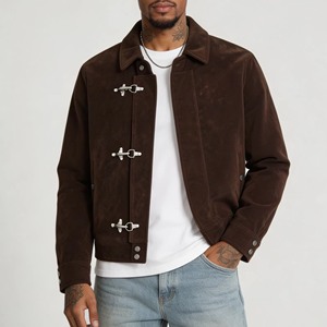 Veste <span class=keywords><strong>en</strong></span> daim personnalisée pour homme avec fermoir de pompier, coupe courte, boutons-pression aux poignets, doublure matelassée, style minimaliste - Product Image 1