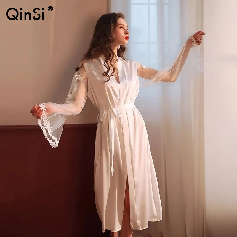 Bclout/QINSI White Sleepwear Loose Night Dress Loose Pyjamas Women Sexy V-Neck Wedding Bathrobe Lace Sleeve Long Robe Gown