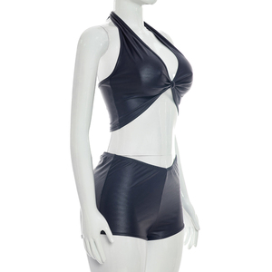Viviblook Q26ST070 Women Summer <b>Set</b> <b>Sexy</b> Sleeveless Halter Vest Crop Top Skinny Mini Shorts Solid Color Two Piece <b>Set</b> - Product Image 4