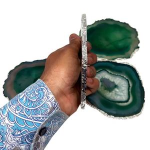 Wholesale Sier Plated Green Agate Slice <b>Coasters</b> Natural Quartz <b>Crystal</b> Tabletop Decorations Feng Shui Mascot Gemstone Stone - Product Image 4