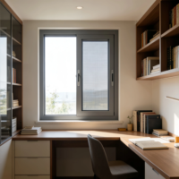 Ventana Corredera de Aluminio para Balcón de Dormitorio, Aislamiento Térmico, Vidrio Hueco, Ventanas Correderas con Mosquitera