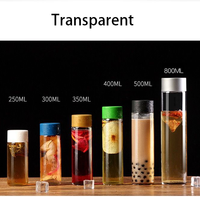 Bouteille d'eau en verre cylindrique vide de 300 ml, 500 ml, 800 ml avec logo personnalisé, style Voss, avec couvercle anti-fuite pour jus, smoothie, sport, voyage