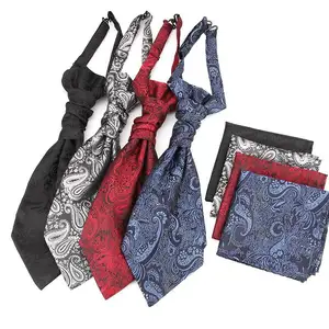 Sapu Tangan Sutra Poliester Kustom Cravat Manufaktur Setelan Putih Hitam Paisley Saku Persegi Sapu Tangan Ascot Tie Set