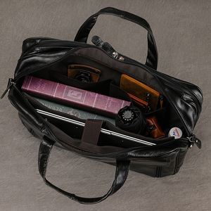 תיק עור אמיתי לגברים בעל קיבולת גדולה תיק יד לעסקים עור פרה שחור סגירת רוכסן קיבולת הרחבת כתף - Product Image 3