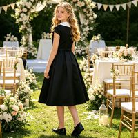 Gaun Formal Lengan Pendek Hitam Vintage untuk Anak Perempuan, Gaun Midi Berkerah Putih dengan Sabuk untuk Pesta Wisuda, Piano, dan Pengiring Pengantin