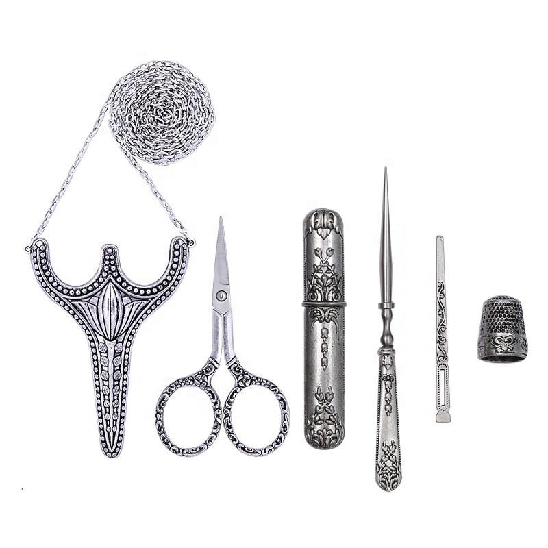 Винтажные Ножницы для вышивки с цепочкой в футляре, игловидная трубка, наперсток, шило, набор Ретро ножниц