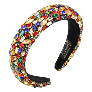 Finestyle Rhinestones Diamond Headband Padded Baroque Bejewelled Velvet Hairwear Wide Crystal Hair Band Headpiece Hair Accessory