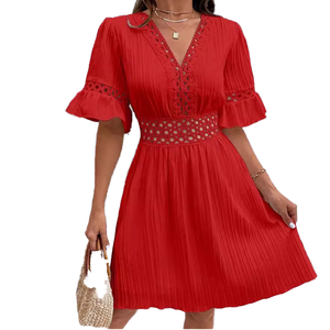Red Pleated Midi Dress for Women Elegant V Neck Lace Trim Dress <b>Flare</b> Sleeve Party Dress Casual Summer Dress Stylish Womens Fash - Product Image 4