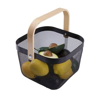Kitchen Bathroom Picnic Pantry Cabinets Storage <b>Mesh</b> Steel Storage Organizer <b>Basket</b> Fruit <b>Basket</b> Bin with Wood Handle - Product Image 4