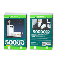Batterie externe Maimi 50000 mAh PD 30W avec lumière LED, portable, pour extérieur, charge rapide du téléphone, haute capacité avec câbles intégrés