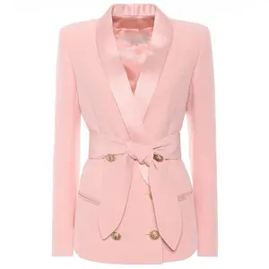 自定义或准备发货热卖批发时尚高品质双排扣显瘦女士粉红色上衣女