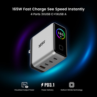 Chargeur mural GaN 165W avec écran TFT intelligent, 4 ports PD3.1, charge rapide, ODM/OEM, type-c, adaptateur secteur USB-C, charge rapide