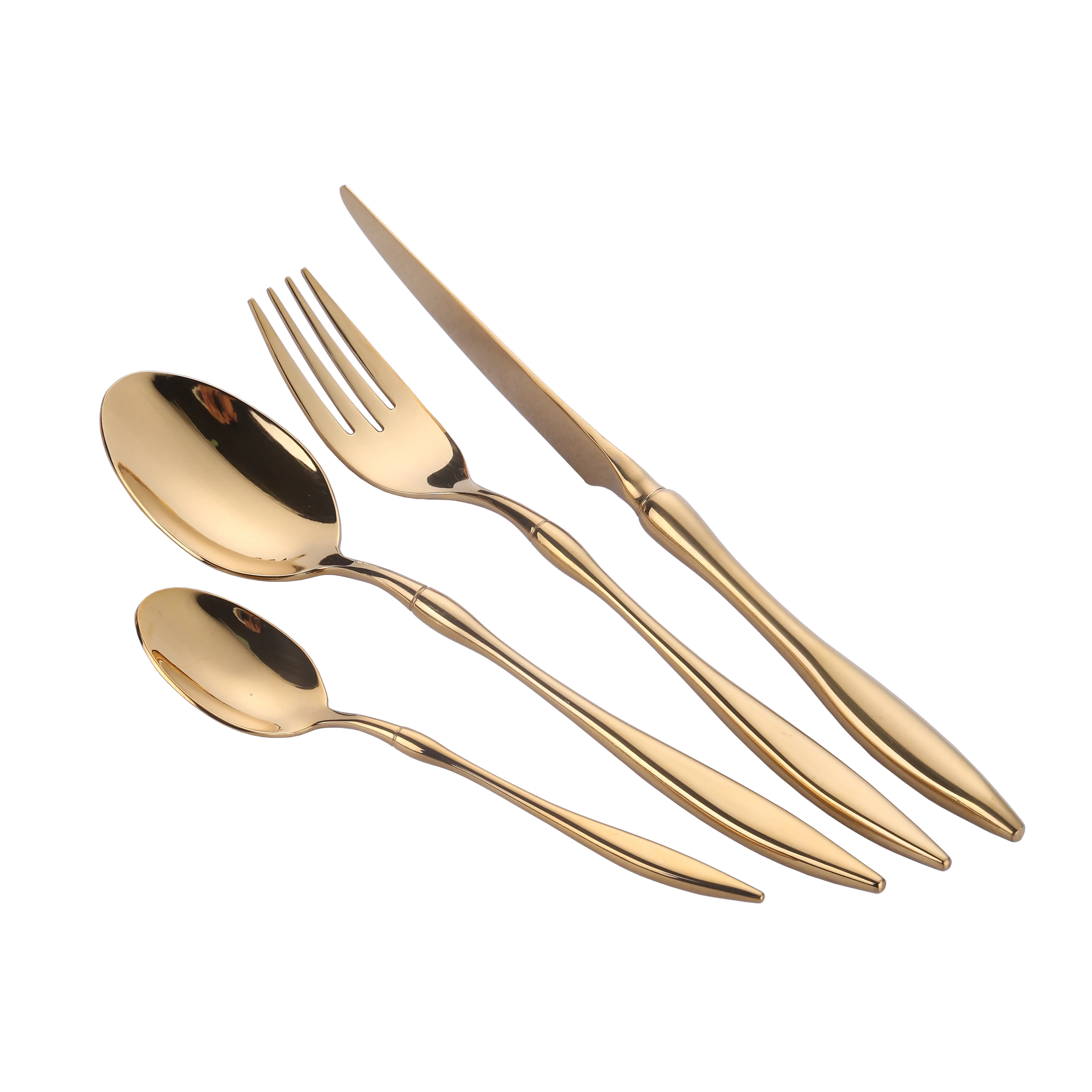 Ensemble de couverts de luxe plaqué or, cuillère et fourchette en acier inoxydable, vaisselle brillante, haut de gamme