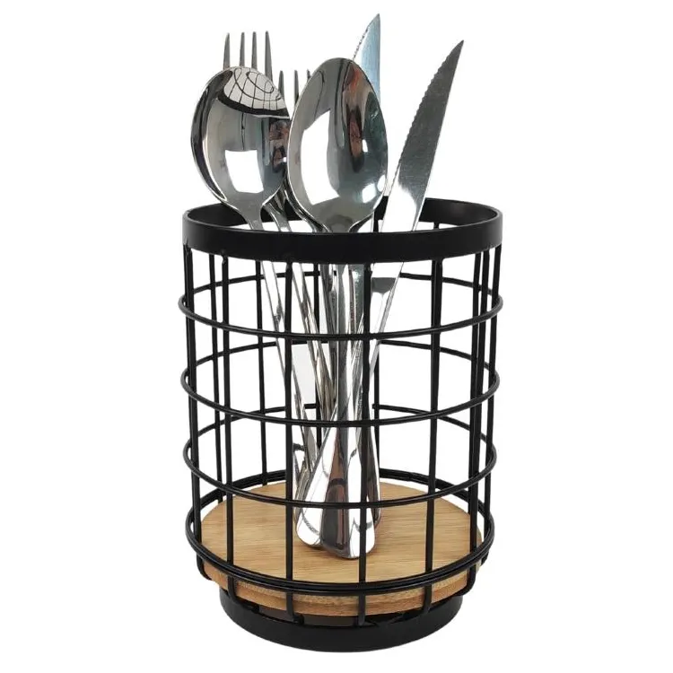 Organisateur de rangement de cuisine, panier de séchage de couverts en métal, Base en bambou noir, vaisselle, baguettes, cuillères, ustensiles