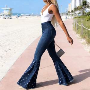 Pantalon évasé <span class=keywords><strong>en</strong></span> <span class=keywords><strong>jean</strong></span> stretch taille haute pour femme, style décontracté, orné de perles, coupe slim, <span class=keywords><strong>jean</strong></span> cloche, mode streetwear - Product Image 4