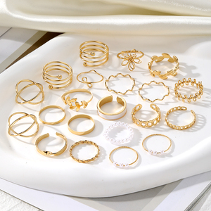 2025 New Hot Sale 21Pc/<b>Set</b> Geometric Leaves Flowers Pearl Drip Oil <b>Ring</b> <b>Set</b> for <b>Women</b> Jewelry - Product Image 3