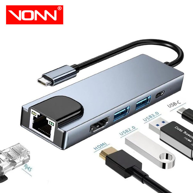 Factory Wholesale Ethernet 100M RJ45 Aluminum Alloy Docking Station USB-C Hub 5-Port Adapter HDTV 4K PD USB 3.0 Ports in Stock