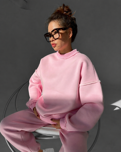 Ensemble survêtement rose oversize pour femme, sweat-shirt et pantalon de jogging, deux pièces en molleton, tenue décontractée, streetwear, vente en gros, OEM, vêtements de sport - Product Image 4