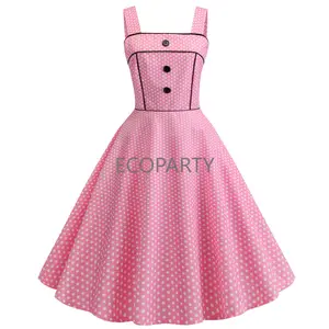 Women Vintage Pink Plaid Dress Retro Rockabilly Strap Cocktail Party 1950s 40s Swing Dress Summer Dresses