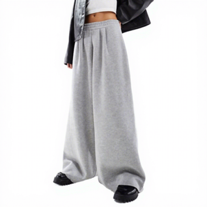 Pantalon taille haute à jambe large et droite, couleur unie, en coton éponge, coupe ample, longueur intégrale, plissé, décontracté, gris automne, élastique, haute qualité - Product Image 1