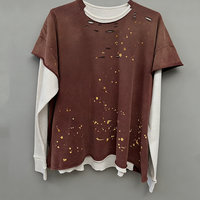 T-shirt thermique double couche en coton personnalisé, coupe oversize, manches longues, effet délavé, effet éclaboussures, tissu gaufré
