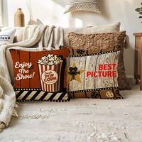 Housse de coussin rétro avec affiche de cinéma, équipée de popcorn, de bandes de diapositives et d'un motif en bois, décoration de canapé pour la maison
