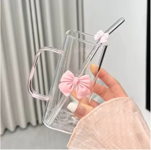 Gobelet carré en verre borosilicate transparent, résistant à la chaleur, de haute qualité, avec couvercle coloré et nœud, design créatif - Product Image 2