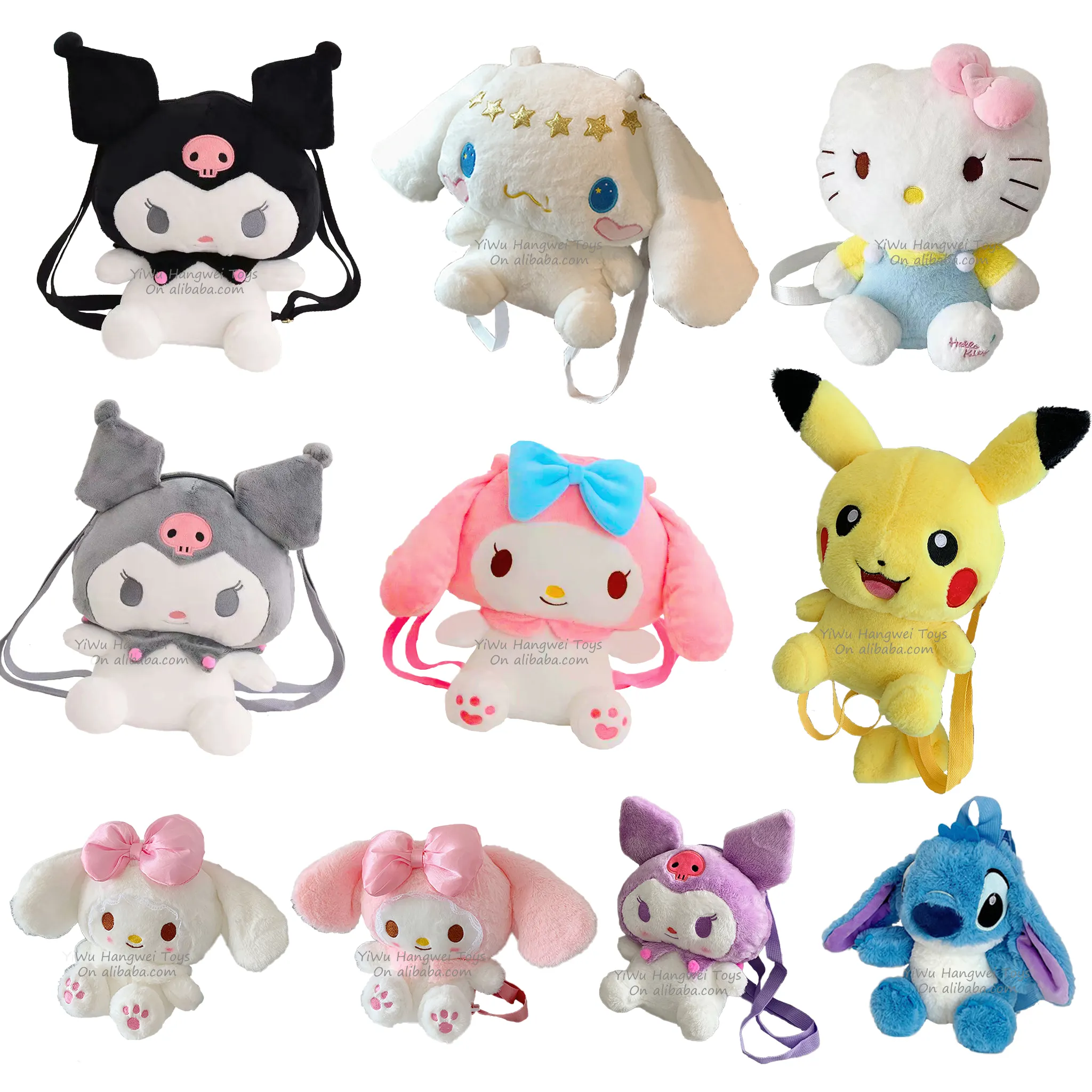 New Factory Bag My Kuromi Melody Cinnamoroll Stitch Kitty Plush Cartoon Backpack Handbag Plush Toy Bag