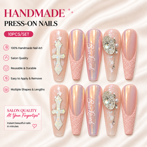 <span class=keywords><strong>Uñas</strong></span> postizas acrílicas Y2K hechas a mano con diamantes de imitación, efecto espejo cromado rosa, purpurina, estilo Sugar French Cross, largas, forma ataúd, al por mayor - Product Image 1